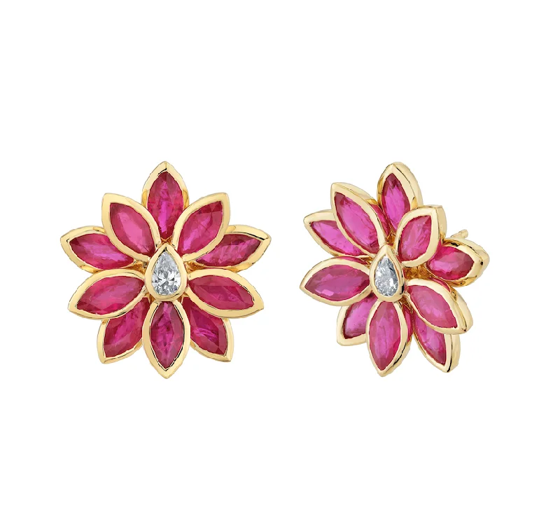 Diamond Dangle Earrings-Ruby Flower Studs