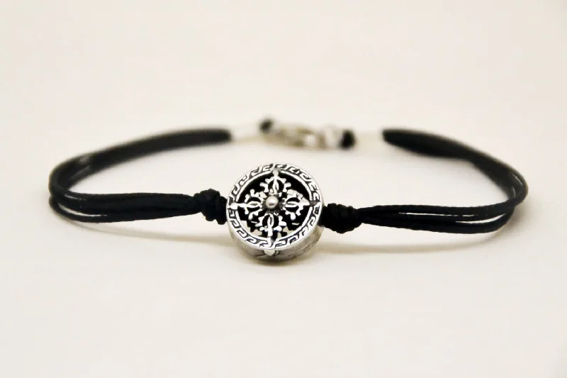 Unique Gold Bracelet for Weddings-Silver circle bracelet for men, black cord