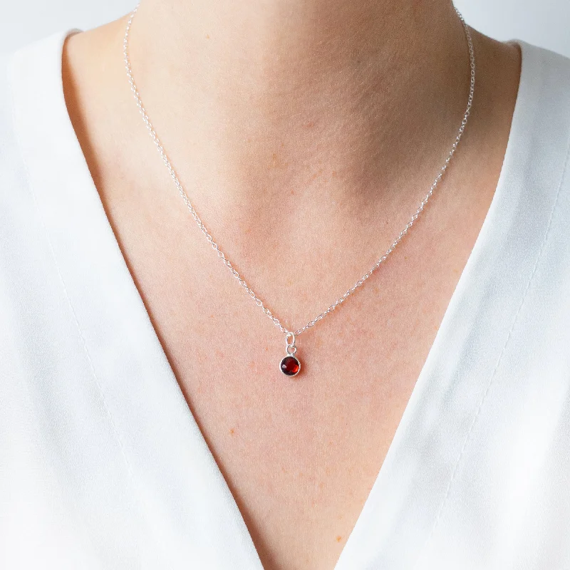 Large Pendant Necklace-Silver Garnet January Birthstone Necklace