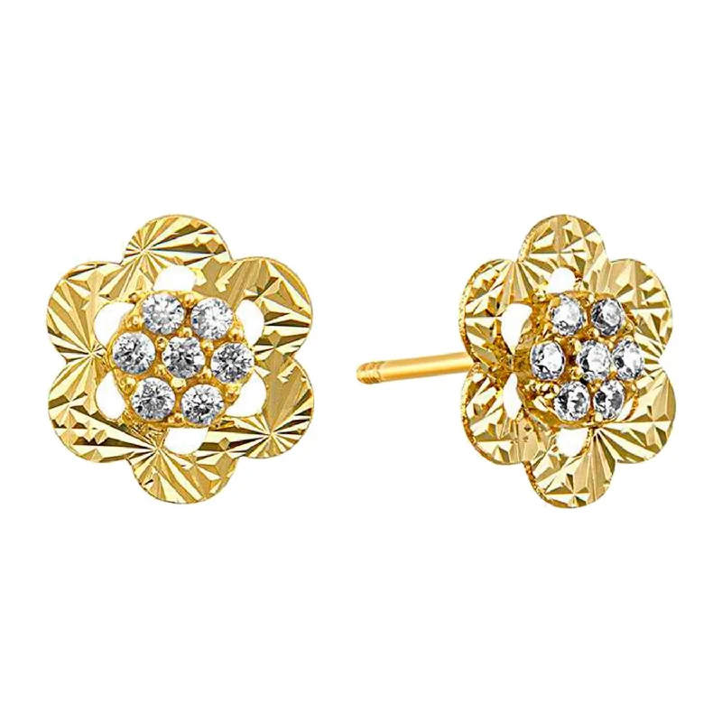 Vintage Silver Earrings-14KT Yellow Gold and Cubic Zirconia Flower Earrings