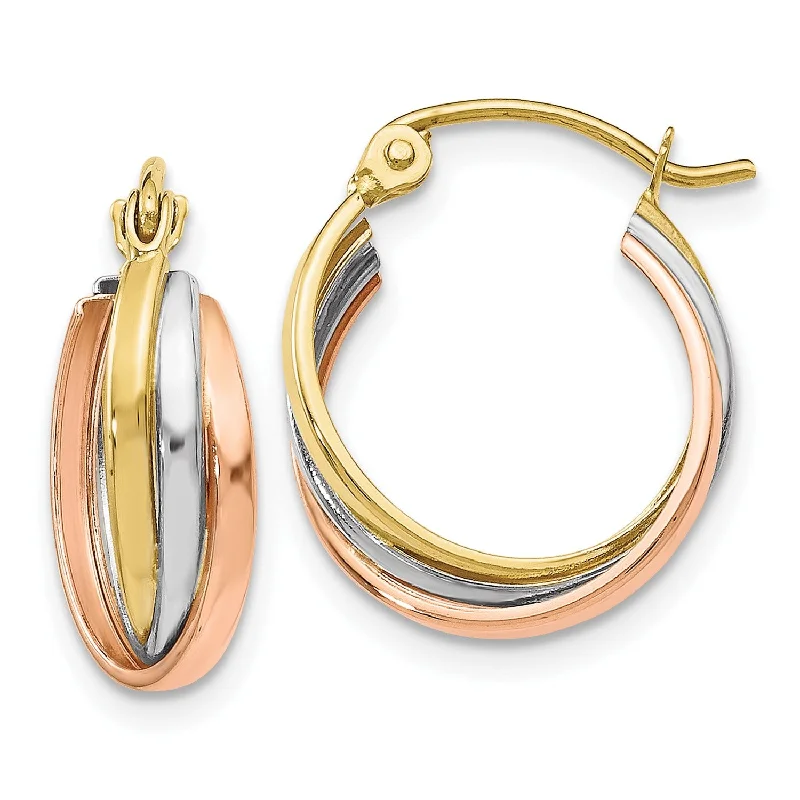 Silver Earrings for Bridesmaids-10KT Gold Tri-Color 14MM Hinged Hoop Earrings