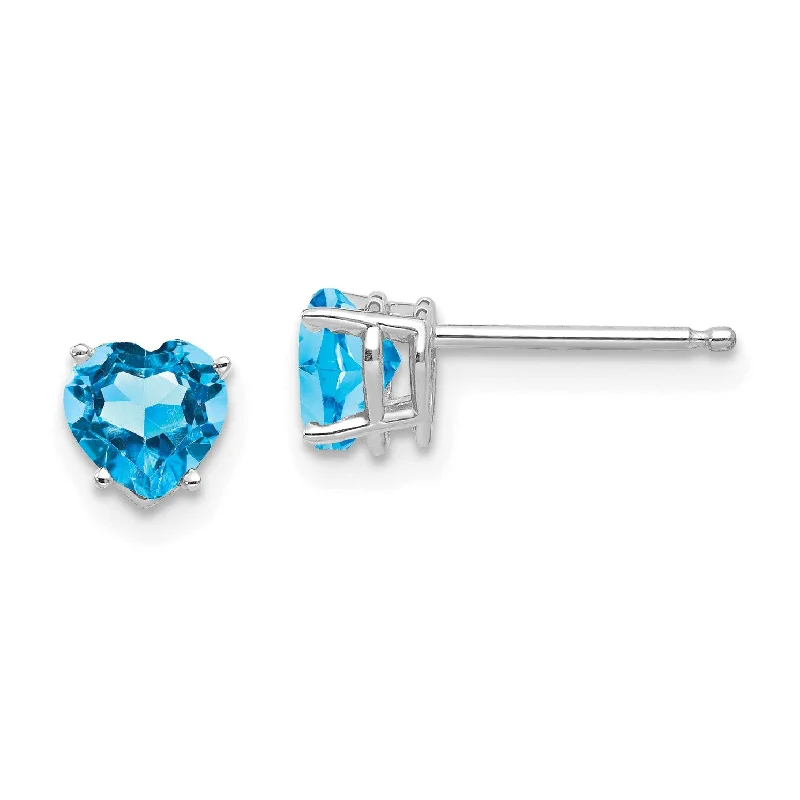 Unique Silver Earrings-5MM Heart Shape Swiss Blue Topaz Stud Earrings in 14KT White Gold