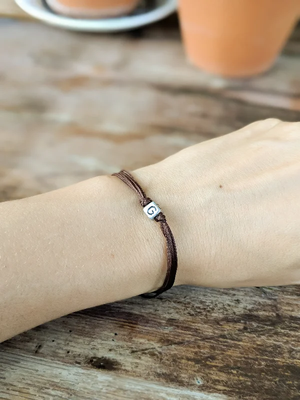 Rose Gold Bangle Bracelet for Brides-Personalised initial charm bracelet for women, brown cord