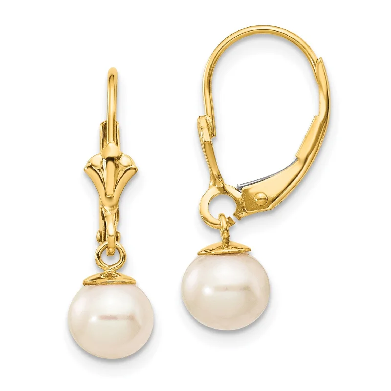 Designer Diamond Earrings-6MM Round Pearl Leverback Earrings in 14KT Yellow Gold