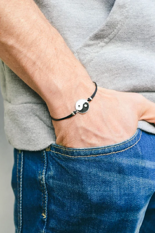 Sterling Silver Bracelet for Women-Yin Yang bracelet for men, black cord, gift for him