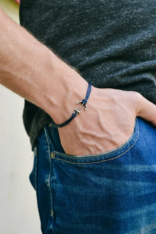 Classic Silver Bracelet-Silver anchor bracelet for men, blue cord, gift for him