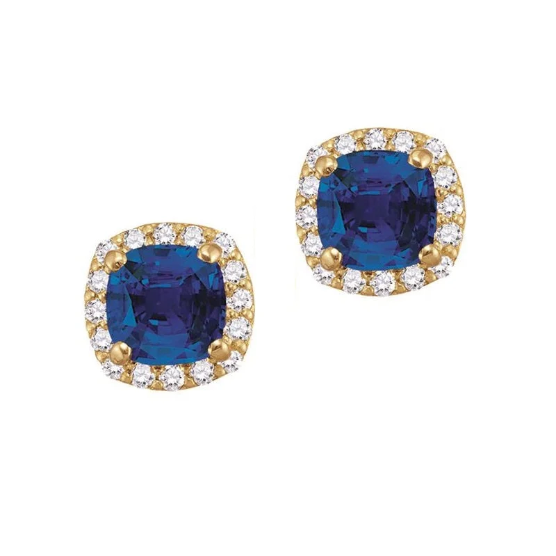 Designer Earrings for Special Occasions-5MM Cushion Blue Sapphire and White Sapphire Birthstone Halo Stud Earrings in 10KT Yellow Gold