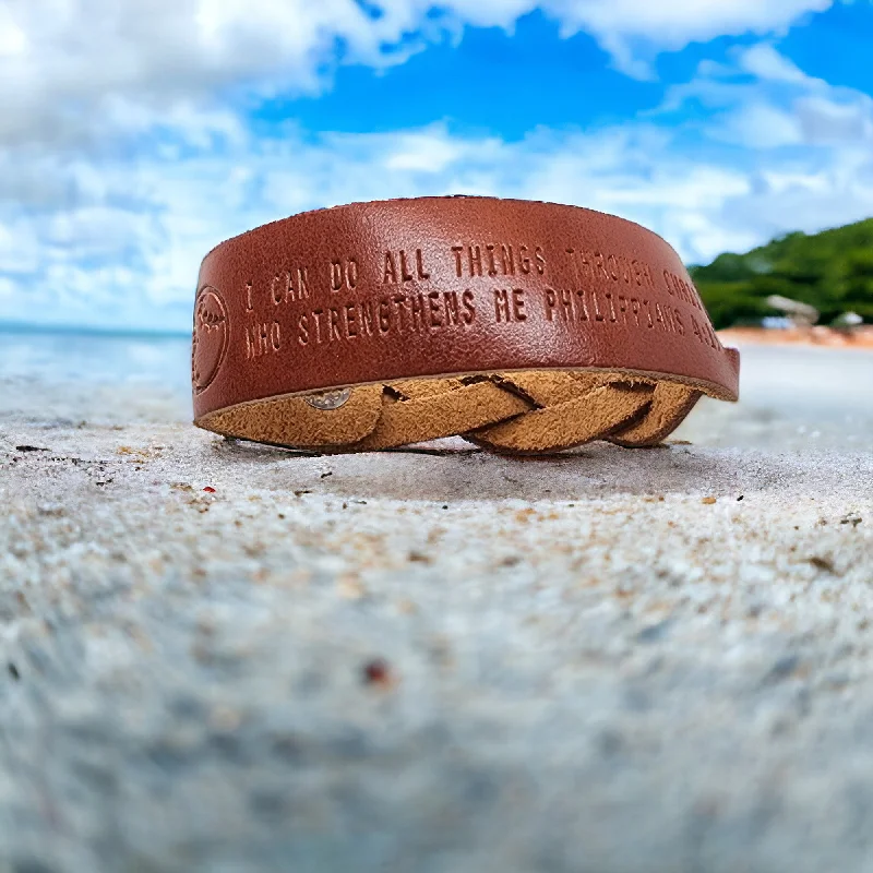 Simple Gemstone Bracelet for Women-Leather Bracelet Braided Baseball - Softball Philippians 4:13 -Stamped