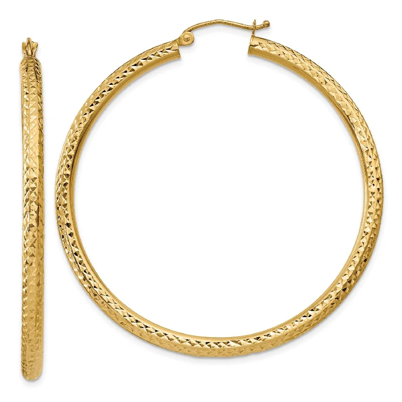 Modern Drop Earrings-14KT Yellow Gold 50X3MM Diamond-cut Hoop Earrings