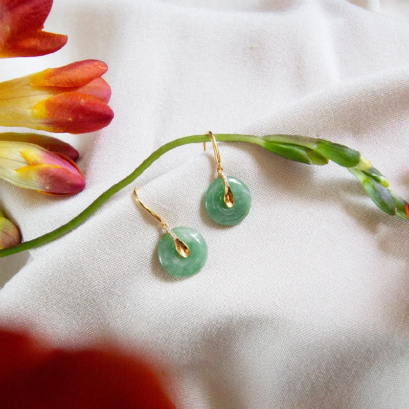 Chic Hoop Earrings-Jade & Diamond 18k Gold Hook Earrings