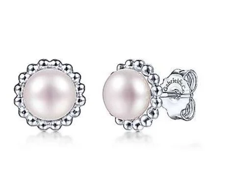 Artistic Earrings for Women-925 Sterling Silver Plated Pearl with Beaded Frame Stud Earrings