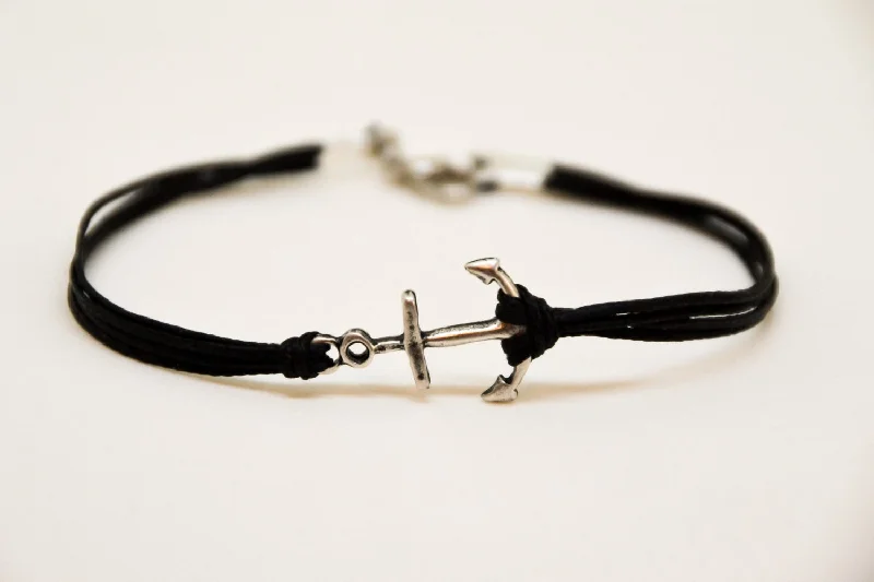 Adjustable Crystal Bracelet-Silver anchor bracelet for men, black cord, nautical beach jewelry