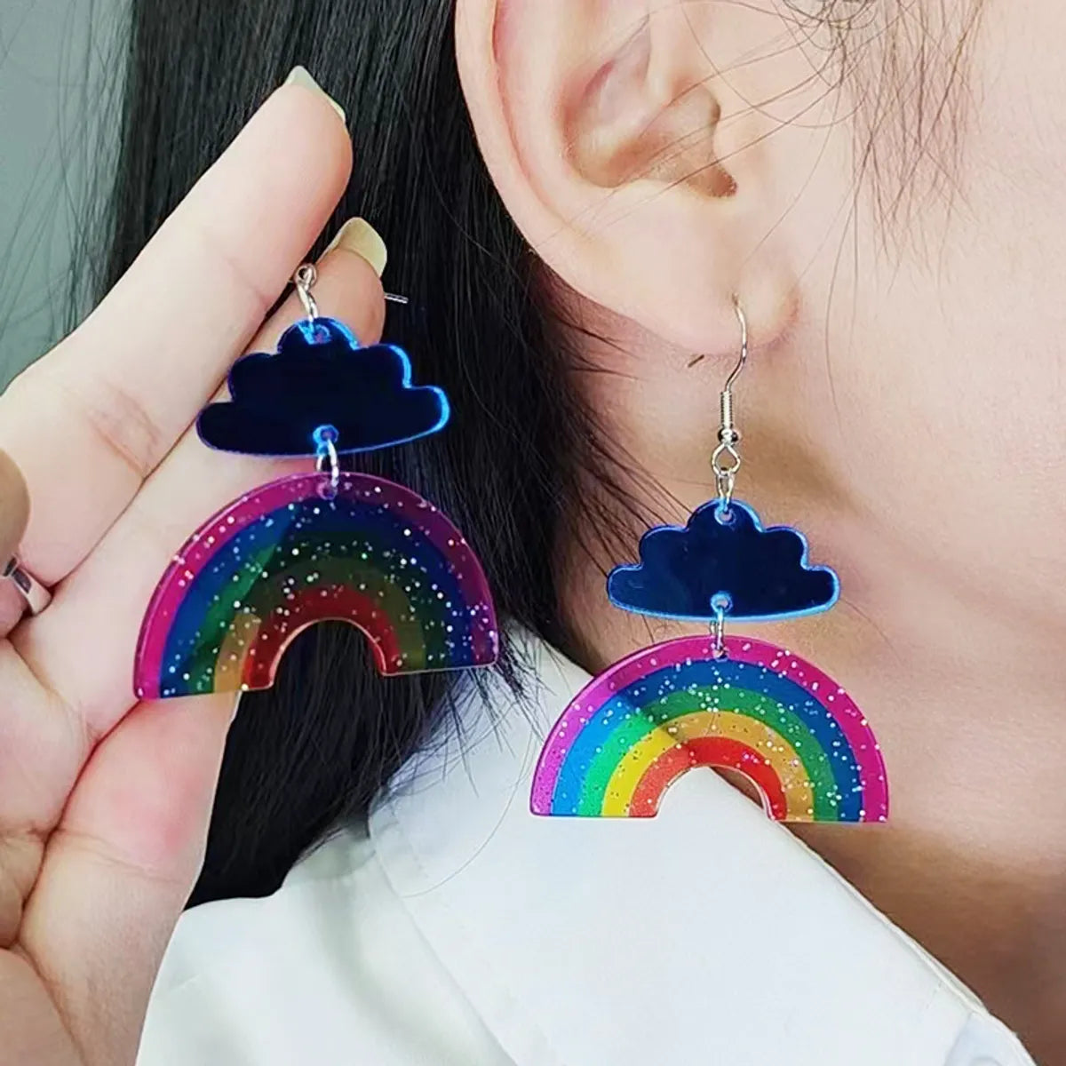 Simple Silver Earrings-1 Pair Simple Style Clouds Rainbow Patchwork Metal Ear Hook