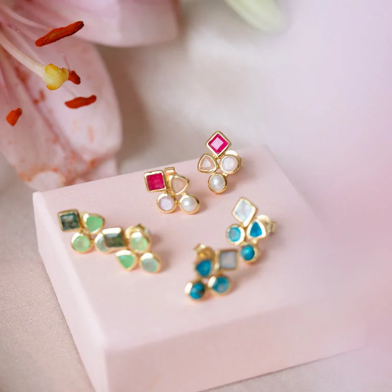 Classic Dangle Earrings-Gemstone Cluster Studs