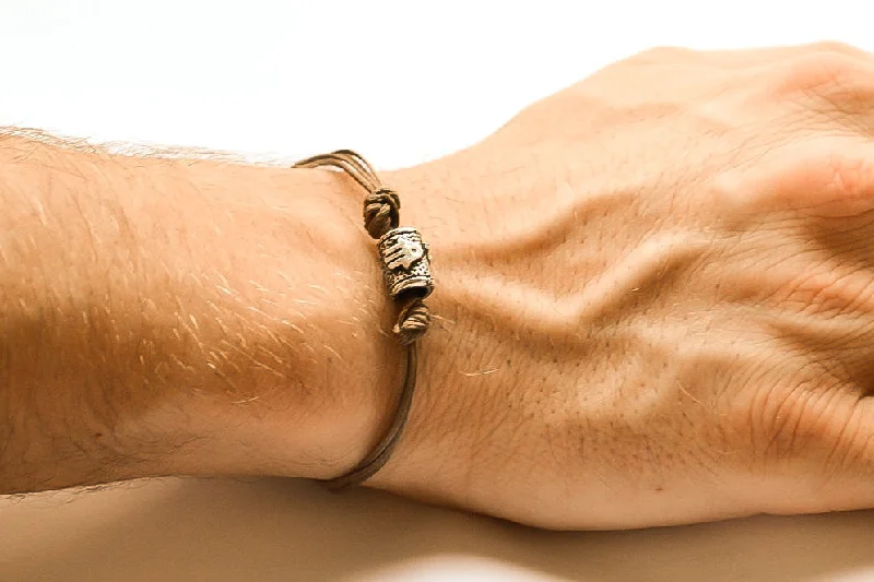 Dainty Silver Bracelet-Silver bead Hamsa bracelet for men, brown cord