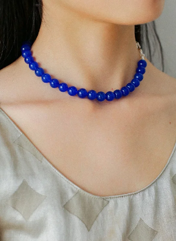 Sterling Silver Necklace for Women-Blue Onyx Beaded Figure 8 Buckle Necklace