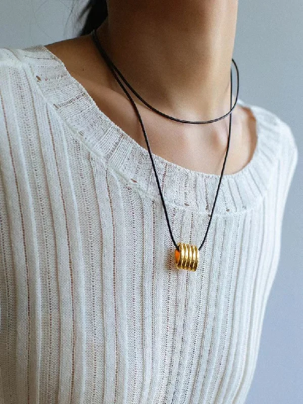 Wedding Necklace with Crystals-Long Black Leather Necklace with Striped Geometric Pendant