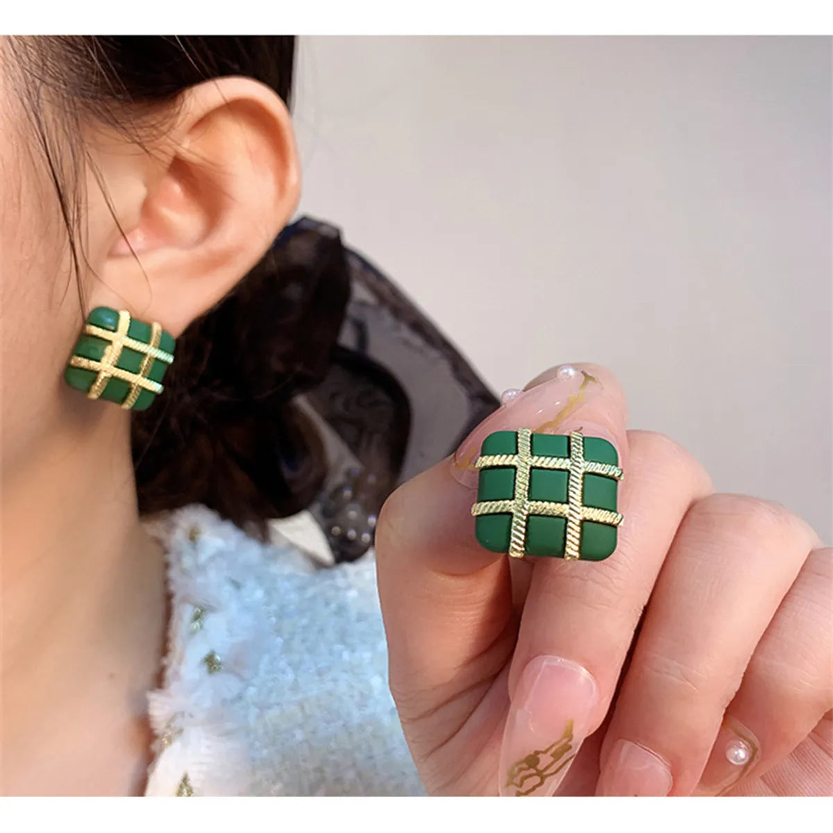 Custom Birthstone Earrings-1 Pair Fashion Square Lattice Alloy Women's Ear Studs