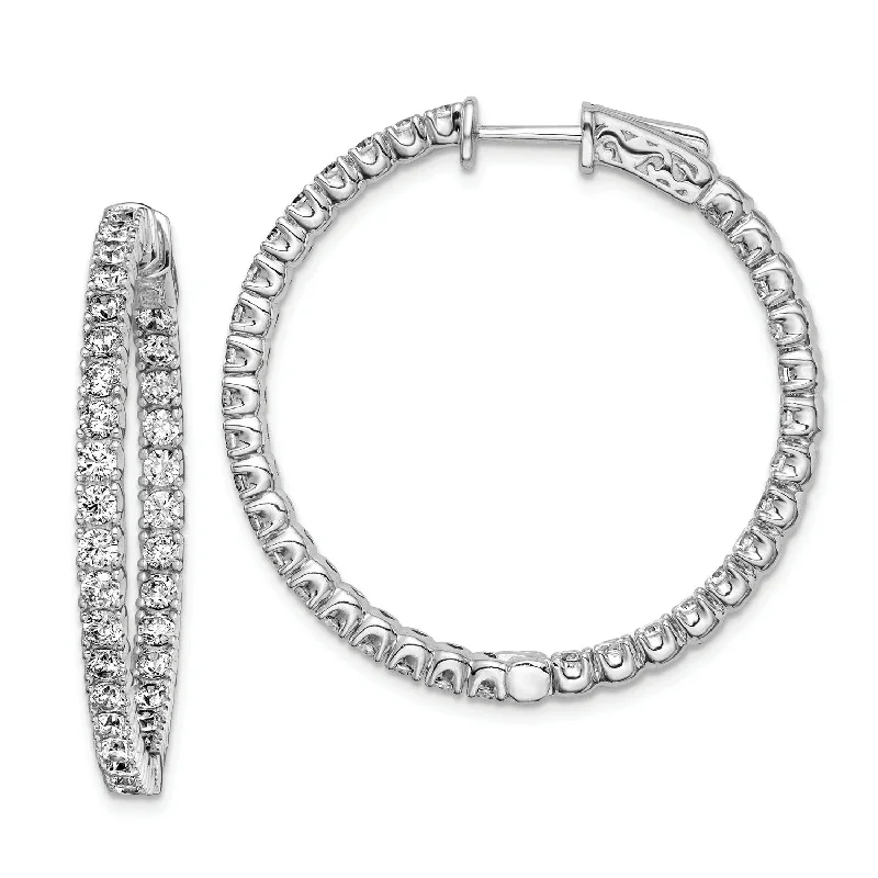 Vintage Silver Earrings-Sterling Silver Cubic Zirconia 29MM Safety Clasp In & Out Hoop Earrings