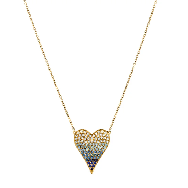 Modern Crystal Necklace-SAPPHIRE AND DIAMOND OMBRÉ PINCHED HEART NECKLACE