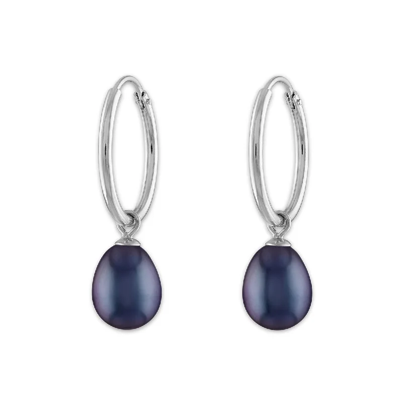 Elegant Earrings for Special Occasions-Round Pearl Hoop Drop & Dangle 6-7.5MM Black Earrings in Rhodium Plated Sterling Silver