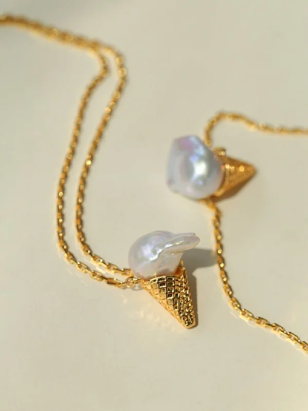 Fine Gold Necklace-Ice Cream Baroque Pearl Chain Pendant Necklace