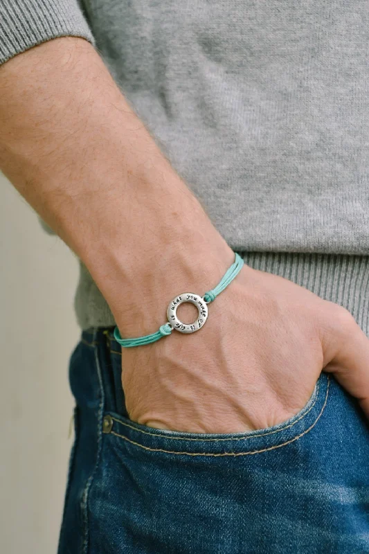 Men’s Classic Gold Bracelet-Life is what you make of it bracelet for men, turquoise cord, silver circle, gift for him