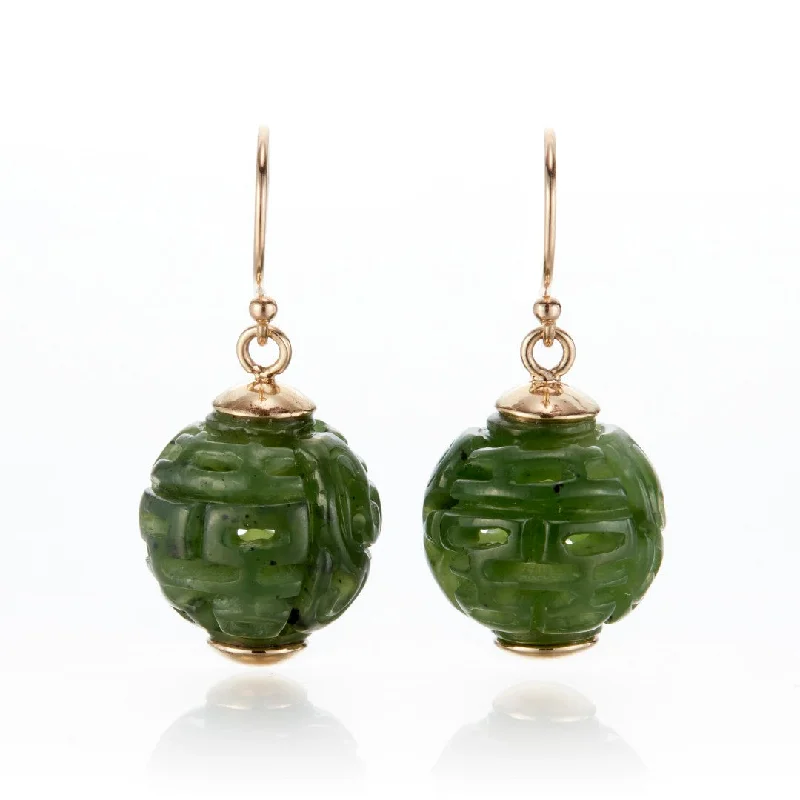 Custom Diamond Earrings-Green Nephrite Jade Dragon Ball Earrings