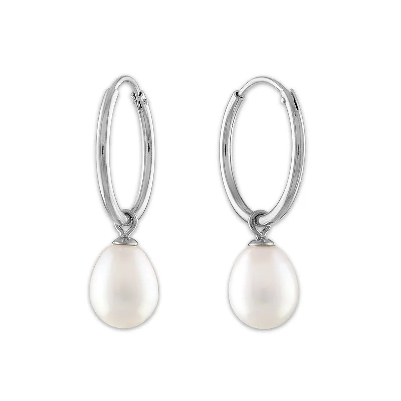 Beaded Dangle Earrings-Round Pearl Hoop Drop & Dangle 6-7.5MM Earrings in Rhodium Plated Sterling Silver