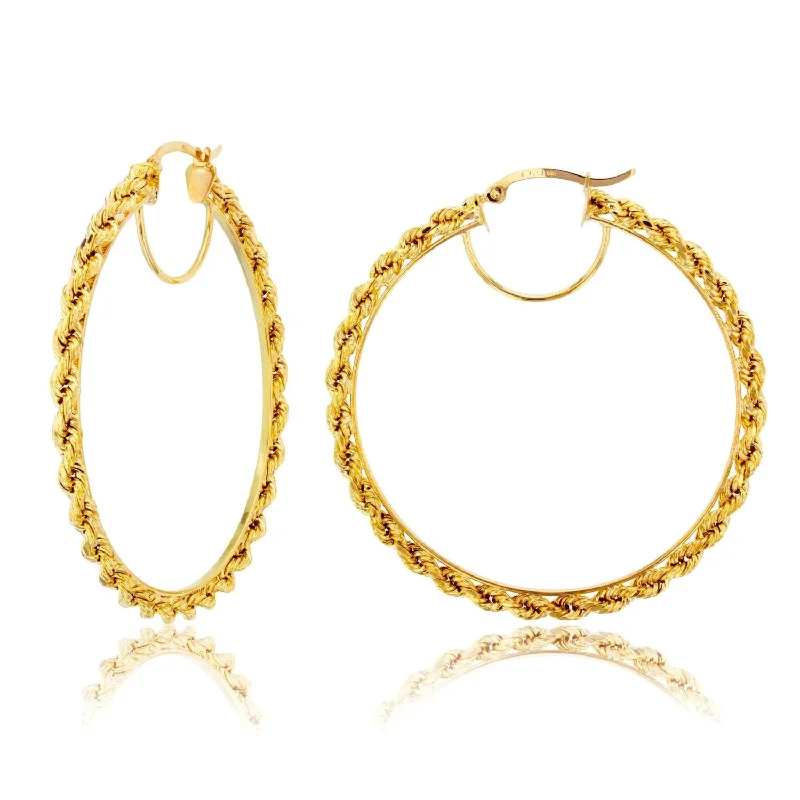 Bohemian Style Earrings-10KT Yellow Gold 50X3MM Hoop Rope Design Earrings