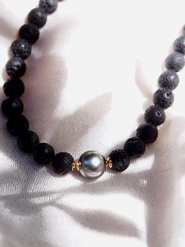 Custom Necklace with Gemstones-Black Lava Tahitian Pearl Necklace - Roselani