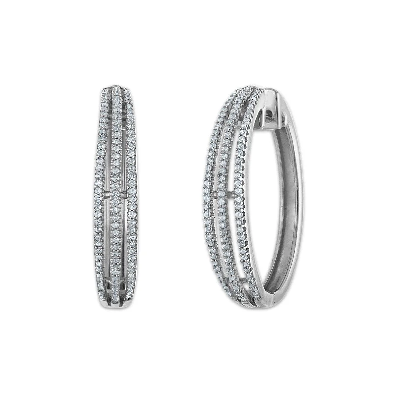 Bohemian Style Earrings-1/2 CTW Diamond Hoop Earrings in Rhodium Plated Sterling Silver