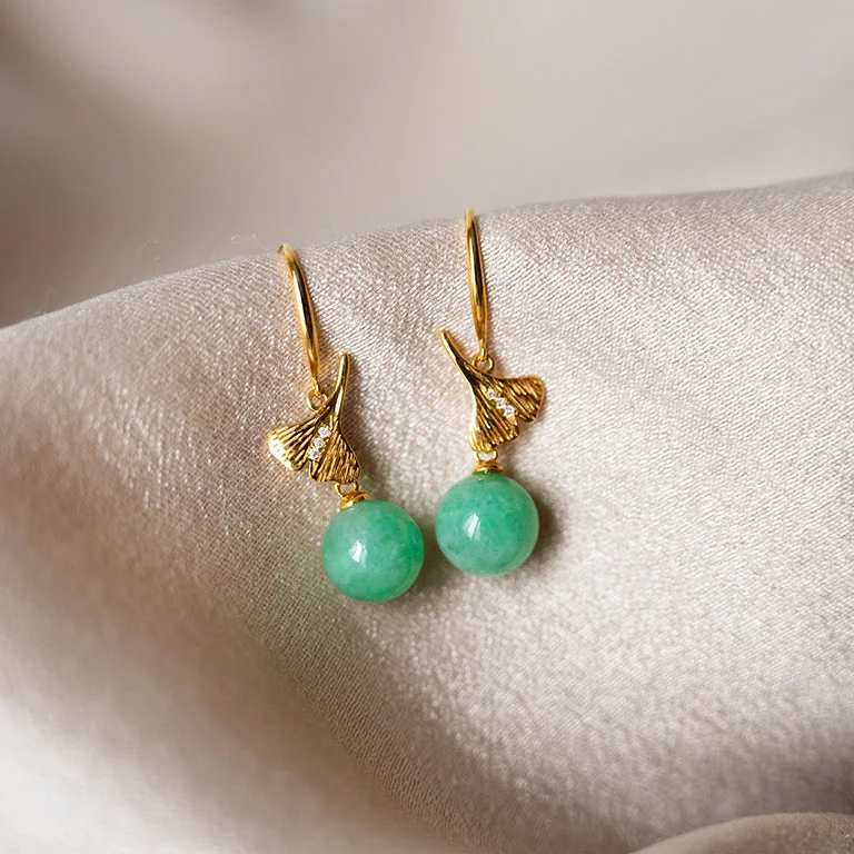 Artistic Drop Earrings-Ginkgo Leaf Diamond Hook Jade Earrings