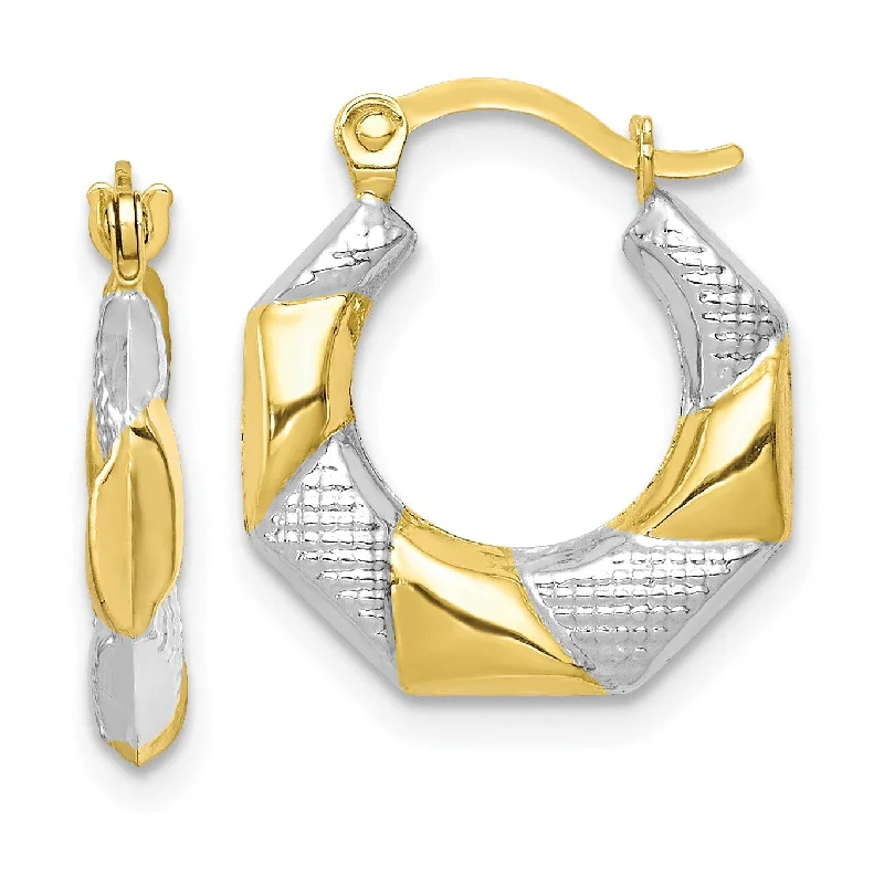 Modern Gold Earrings-10KT Yellow Gold With Rhodium Plating 16X15MM Hoop Scalloped Earrings