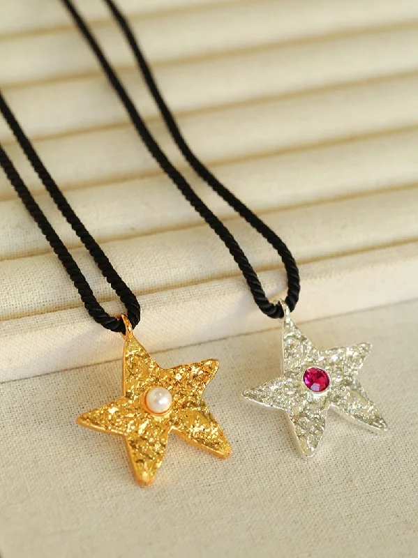 High-Quality Gemstone Necklace-Dazzling Stars Pentagram Planet Element Necklace Black Rope Style