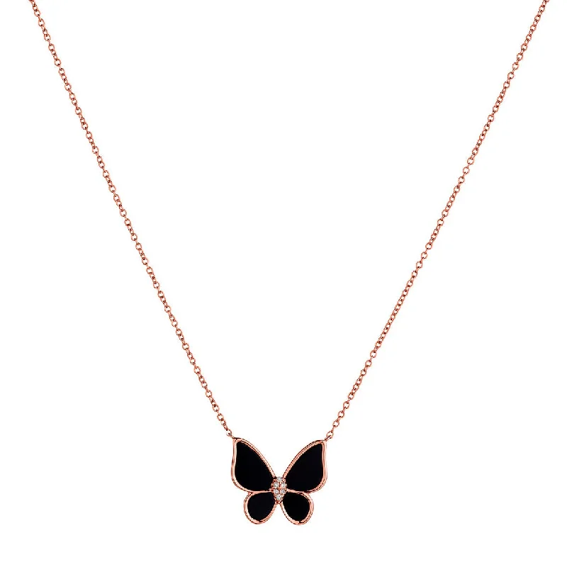 Stunning Gemstone Necklace-BLACK ONYX  BUTTERFLY & DIAMOND NECKLACE