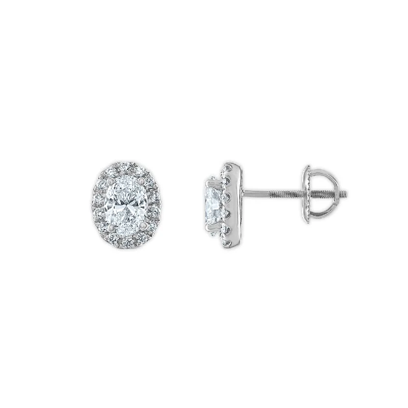 Custom Hoop Earrings-Signature EcoLove 1 1/4 CTW Lab Grown Diamond Halo Stud Oval Shaped Earrings in 14KT White Gold