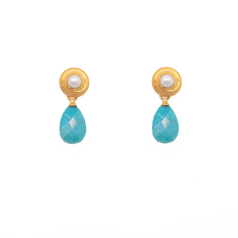 Vintage Silver Earrings-Turquoise Drop Pearl Earrings With Swirl 24K Fair Trade Gold Vermeil