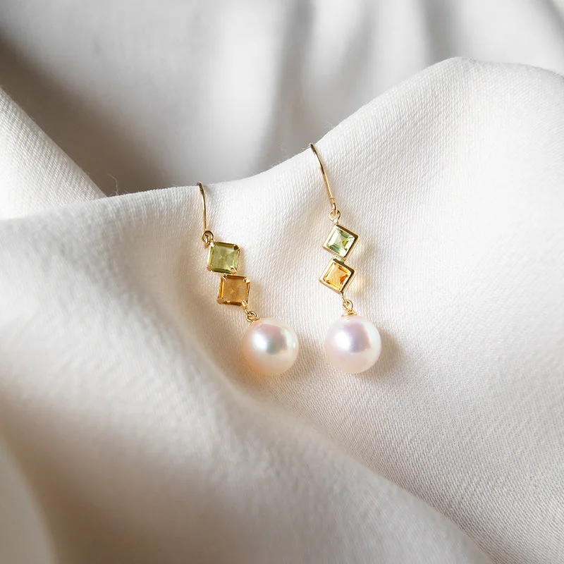 Cute Butterfly Earrings-Peridot, Citrine & Akoya Pearl Earrings