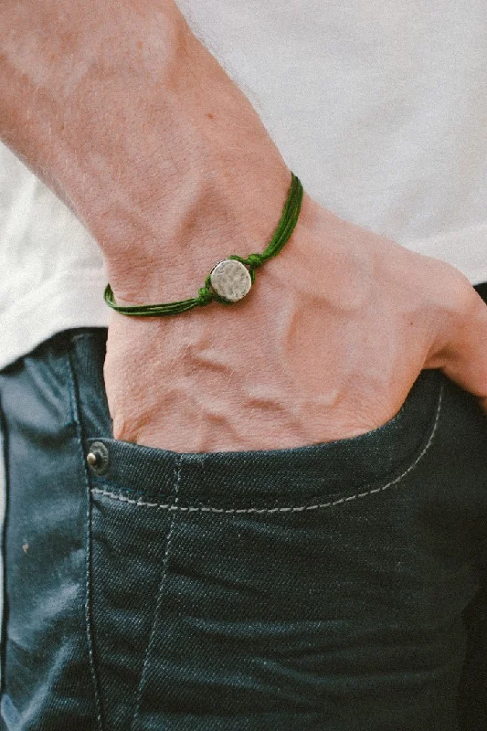 Personalized Beaded Bracelet-Green cord bracelet for men with a silver round charm, gift for him