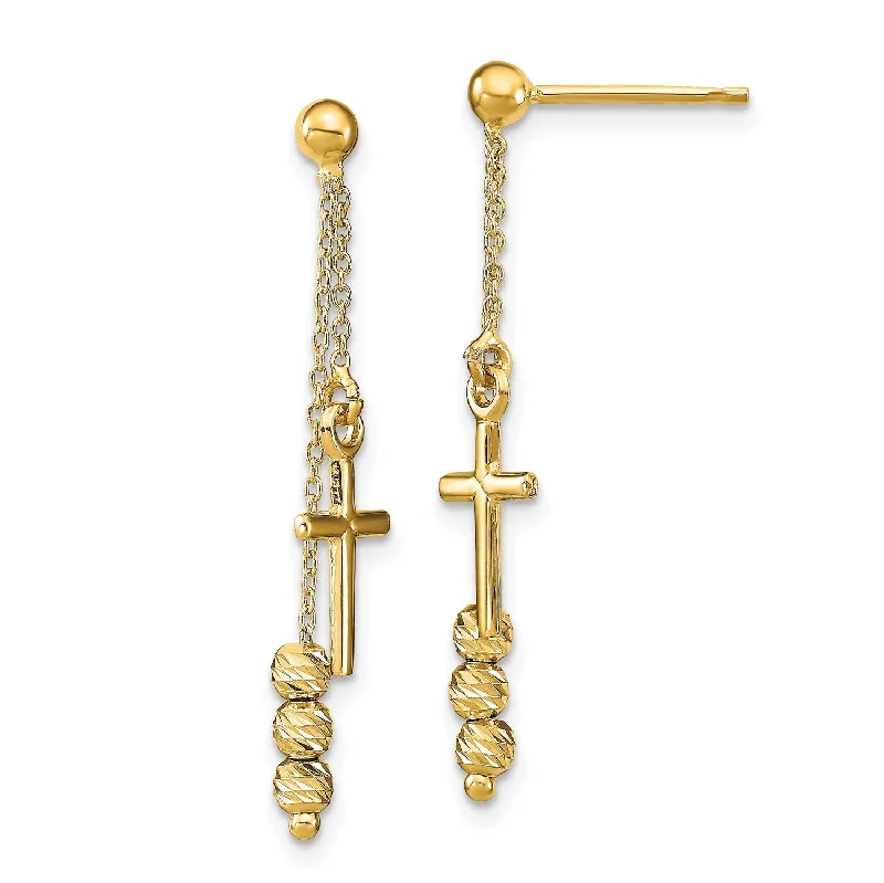 Vintage Wedding Earrings-14KT Yellow Gold 32X7MM Diamond-cut Cross Beaded Dangling Earrings