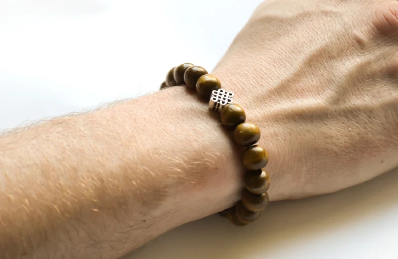 Fashionable Gemstone Bracelet-Silver Infinity bracelet with wood beads for men, gift for him