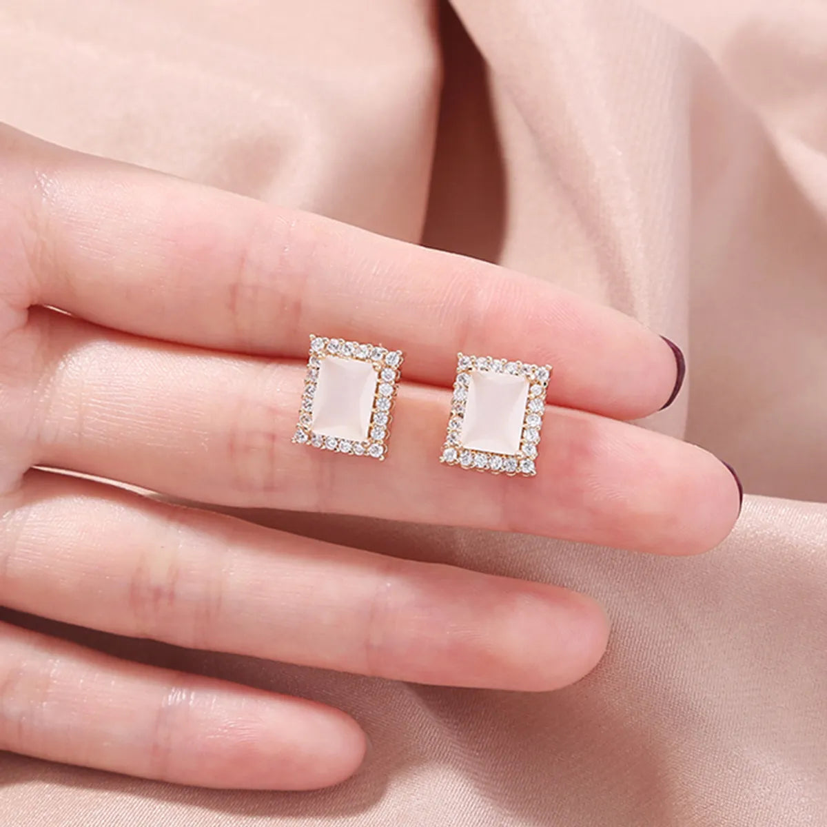 Large Stud Earrings-1 Pair Fashion Square Copper Inlay Zircon Ear Studs