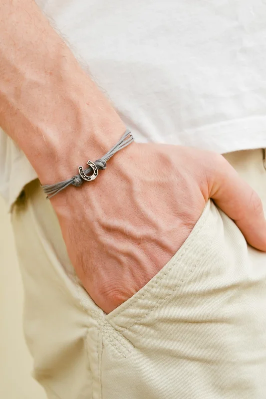 Adjustable Gold Bracelet-Silver Horseshoe bead bracelet for men, gray cords