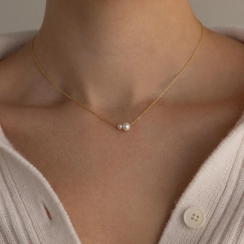 Luxury Necklace with Diamonds-Dainty Duo Pearl Necklace