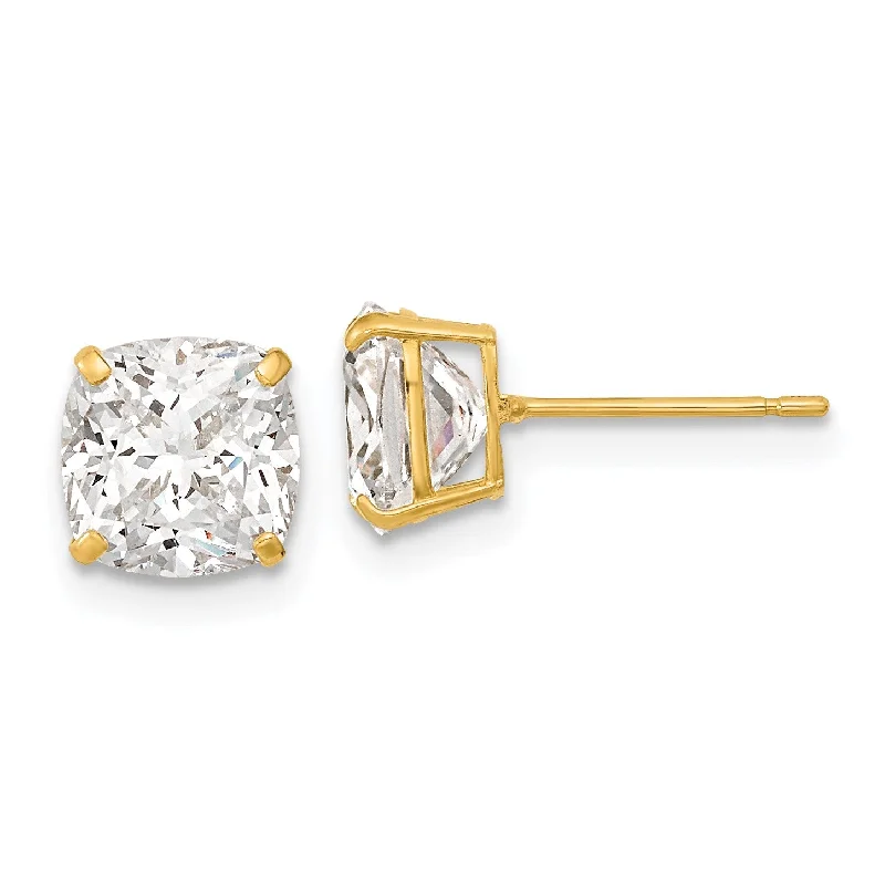 Beautiful Pearl Drop Earrings-7MM Cushion Cubic Zirconia Stud Earrings in 14KT Yellow Gold