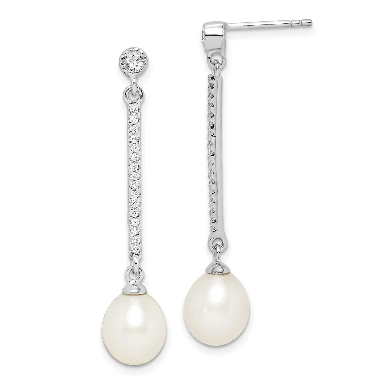 Funky Earrings for Teens-Sterling Silver 8MM Pearl and Cubic Zirconia Drop & Dangle Earrings