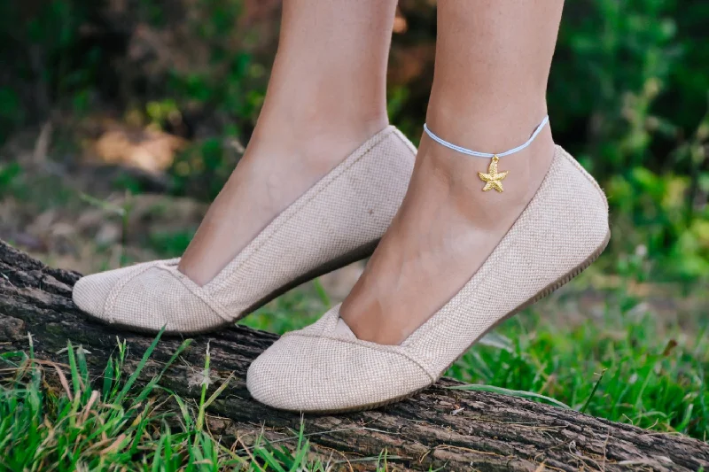 Custom Beaded Bracelet for Bridesmaids-Ankle bracelet with a gold plated starfish dangle charm, blue cord, preppy jewelry