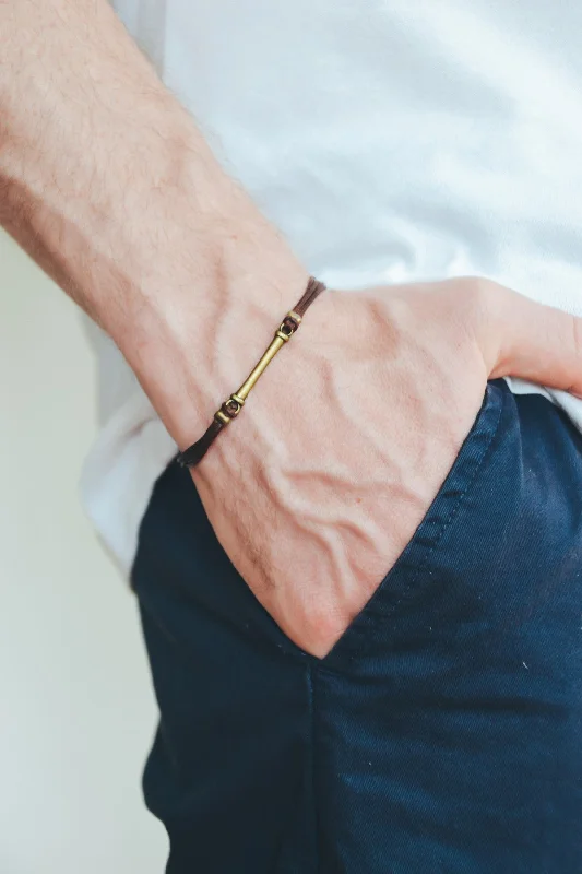 Silver Bracelet with Engraving-Brown cord bracelet for men with long bronze bar