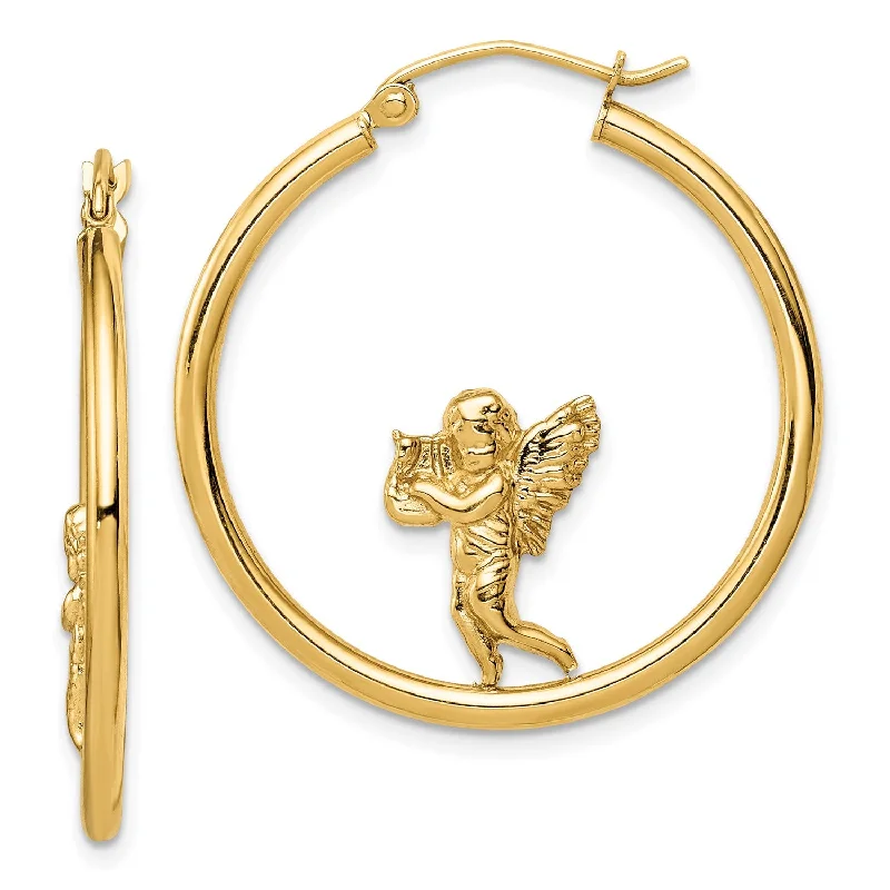 Classic Gold Earrings-14KT Yellow Gold Angel Hoop Earrings